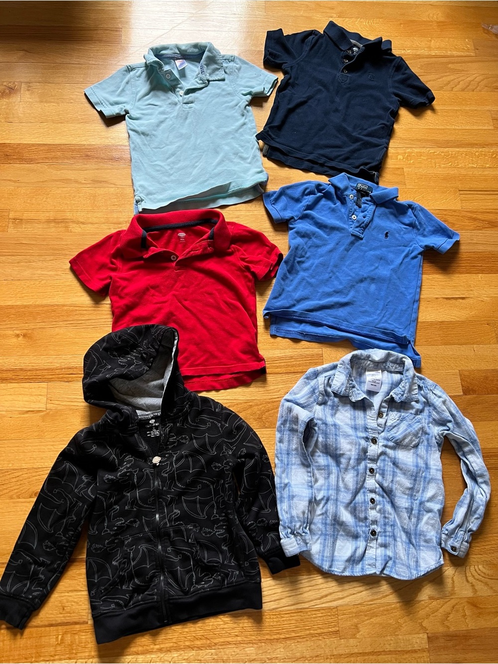 Mixed brands all size 5 (Polo Shirts, Dinosaur Hoodie & Flannel) some play cond